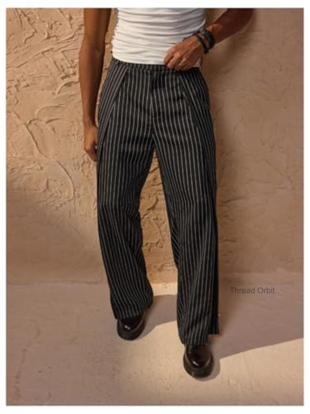 Striped Straight Leg Dress Pants Zipper Fly Slacks Trousers Pockets - Picture 3 of 5
